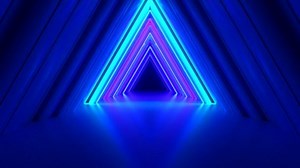 Abstract neon triangle tunnel technological. Endless swirling animated background. Modern neon light. Bright neon lines sparkle and move forward. Seamless loop 3d render