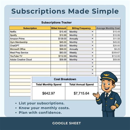 Subscriptions Tracker - Google Sheets Subscription Cost Calculator - Etsy