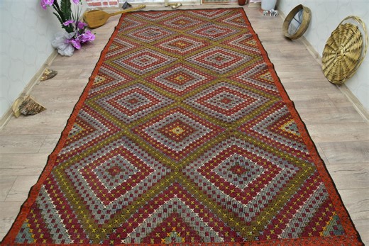 6x44.5 Ft Vintage Rug, Turkish Runner Rug, Red Green Ikat Rug - Etsy