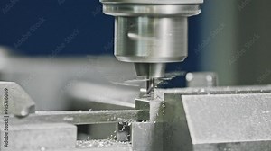 Close-up of a cnc machine milling metal with precision. Metal shavings fly as the drill performs detailed machining. Ideal for showcasing industrial metalworking processes