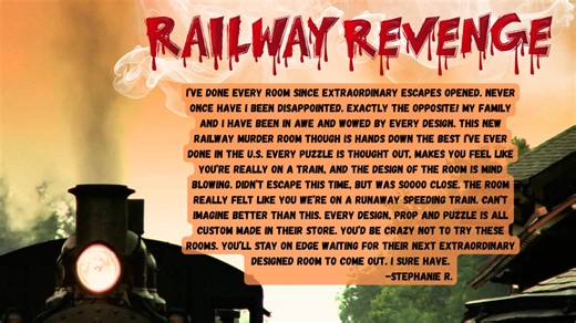 Looking for an unforgettable Murder Mystery Escape room adventure?! Look no further! Railway Revenge offers the perfect experience among 4 train cars... figuring out the murderer and stopping the train that has been disabled. Time is of the essence as the killer has set his plan to take out all on the train for his plotted revenge! Our customers speak out about their experience, and you can claim victory too. Call today to book your next adventure! 361-833-0200 | Extraordinary Escapes