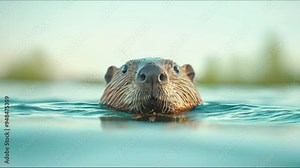 A beaver is swimming in the water with its head above the surface 4K motion