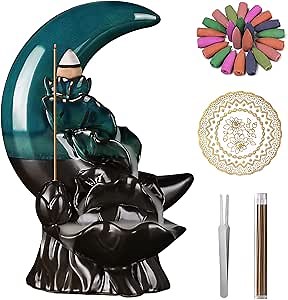 LIJINGCHEN 1 Pack Ceramic Incense Burner, with 20 Cones and 30 Fragrance Sticks, Backflow Moon Incense Holder, Smoke Fountain, for Room Office Aromatherapy