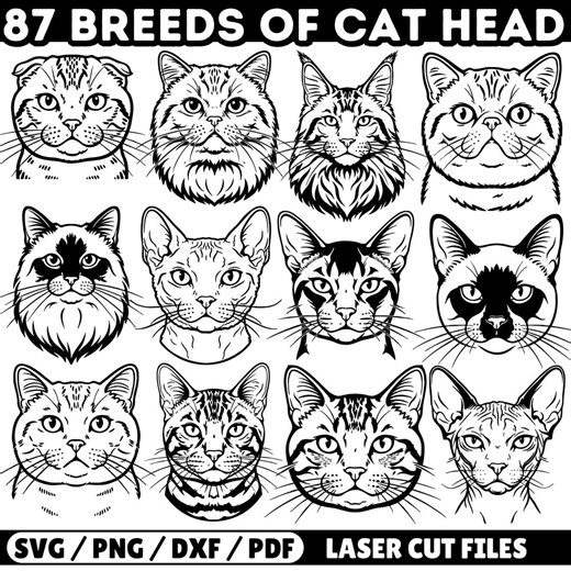 Cat Breed Head SVG Bundle (87 Designs) | Simple Cat Faces for Laser Cutting & Engraving - Etsy
