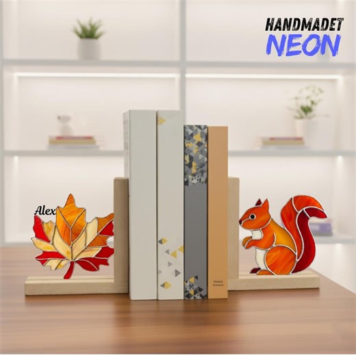 Maple Leaf and Squirrel Stained Glass Bookends: Handmade Book Holder, Wooden Base, Handmade Book Ends - Etsy