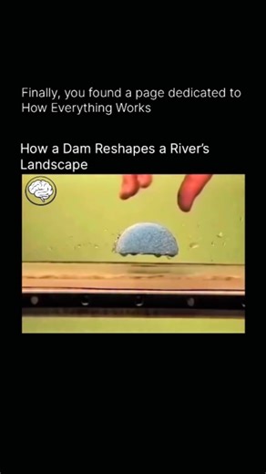 How Everything Works on Instagram: "When a dam is built across a river, it dramatically alters the river’s natural topography both upstream and downstream. Upstream, the dam slows the river’s flow, causing water to spread out and form a reservoir. As the current weakens, sediments like sand, silt, and gravel settle to the bottom instead of being carried downstream, gradually filling the reservoir and changing the riverbed into a lake-like environment. This sediment buildup can raise the riverbed