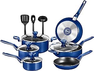 NutriChef 13-Pc Royal Blue Cookware Set - Nonstick Pots & Pans with See-Through Lids, Even Heat Distribution, Cool-Touch Handles, Utensils Included - NCCWA13BU