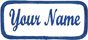 Name Patch Uniform Work Shirt Personalized Embroidered White with Blue Border. Sew on.