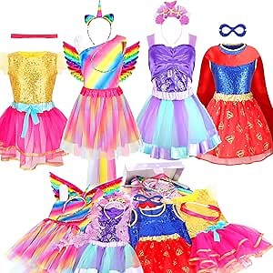 Princess Dress up Clothes for Girls,Princess Costume for Girls with Wing Headband,Unicorn Costume & Mermaid Costume Halloween Christmas Birthday Toddler Toys 3-6 Years