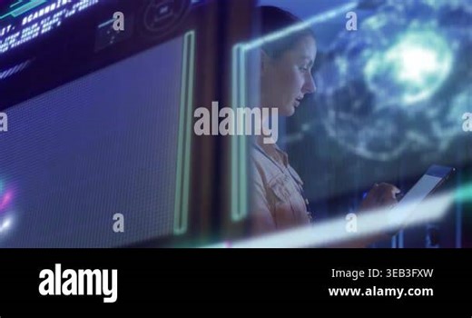 Digital interface with data processing against female caucasian engineer working at server room. Business data storage technology concept Stock Video Footage - Alamy
