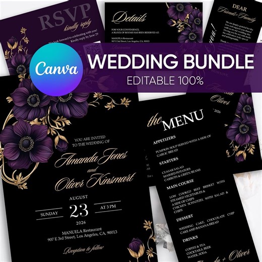 Purple and Gold Wedding Invitation Bundle, Moody Black Wedding Invite, Elegant Purple Floral Wedding Goth, Deep Purple Gothic Wedding Invite - Etsy