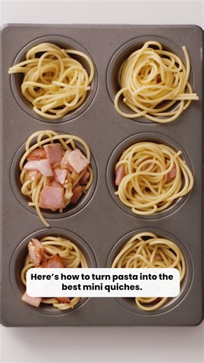 Turn leftover pasta into these easy, cheesy individual crustless quiches. Loaded with cheese and bacon, they make the ultimate lunch box snack! https://www.taste.com.au/recipes/mini-carbonara-quiches-recipe/srewbuej | Taste.com.au