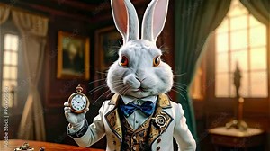 White crazy rabbit with a pocket watch from the fairy tale Alice in Wonderland