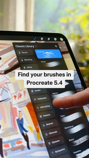 Procreate on Instagram: "Need to find your brush libraries in Procreate 5.4? Try: 1. Pinching inwards on your current brush library 2. Tapping the Brush Library title at the top of the panel → Tap "Back to libraries" Find out more at procre.at/brushes-where ✨"
