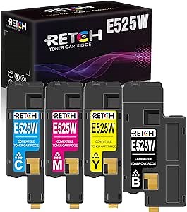 RETCH E525w Compatible Toner Cartridges Replacement for Dell E525w E525 525w 525, Work with E525w Wireless Color Printer, 593-BBJX 593-BBJU 593-BBJV 593-BBJW 4 Pack(Black Cyan Magenta Yellow)
