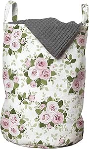 Lunarable Rose Laundry Bag, Pattern with Pink Roses Bouquet Leaves Branches English Garden Design Art, Hamper Basket with Handles Drawstring Closure for Laundromats, 13" x 19", Pale Pink White Green