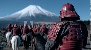 Samurai warriors on horseback looking towards mount fuji in feudal japan, a cinematic scene of historical battle, japanese culture, honor, and the way of the warrior