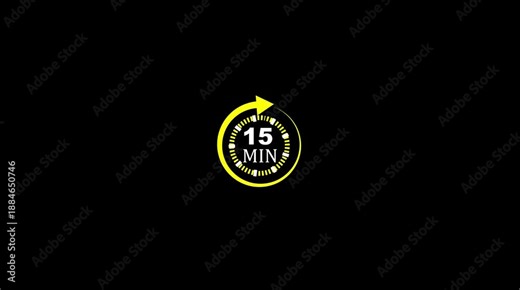Yellow circular timer with arrow showing 15 minutes on black background clock countdown