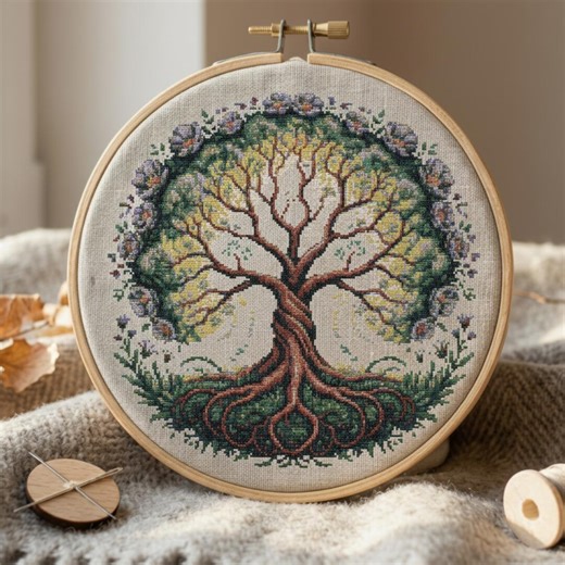Tree of Life Cross Stitch Pattern, Round Floral Needlepoint (PDF Pattern) - Etsy