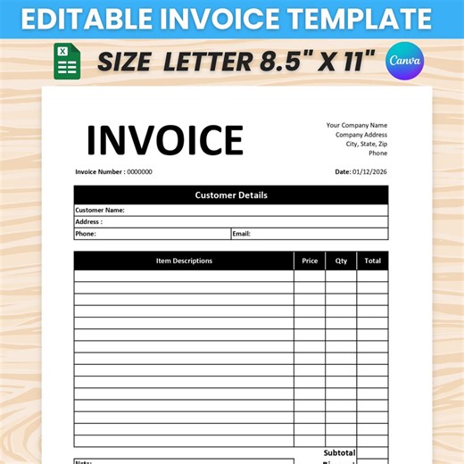 Modèle de facture modifiable pour petite entreprise, modèle canva minimaliste, formulaire de facture Excel, facturation imprimable, téléchargement numérique, PDF - Etsy Canada