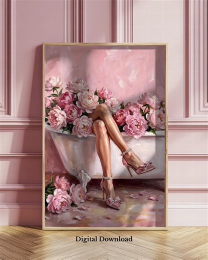Pink Bath Wall Art Feminine Fashion Poster Coquette Glam Decor Romantic Art Girly High Heels Artwork Digital Download for Living Room - Etsy