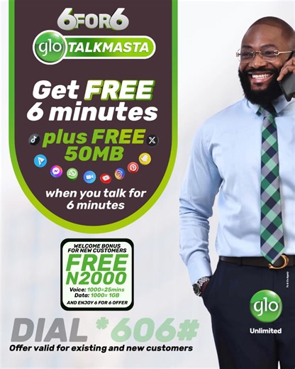 Talking has never been this rewarding! With Glo Talkmasta 6 for 6, every 6 minutes you talk in a day earns you 6 minutes free, plus 50MB data to keep the fun going online. New Glo customers also get a ₦2,000 welcome bonus — ₦1,000 for calls (25 mins) and ₦1,000 for data (1GB). Just dial *606# to join and enjoy more talk, more gist, more connection. #Gloworld #GloUnlimited #GloTalkmasta | Glo World