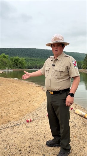 #RockyGapStatePark Manager Cliff Puffenberger said the park will remain open for boating and wading, however swimming will not be permitted due to the low water levels. He shows were the water is currently and where it should be. #creatorsearchinsights #LakeHabeeb #AlleganyCountyMD #lakelife
