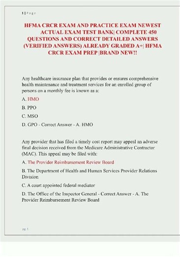 Latest HFMA CRCR EXAM AND PRACTICE EXAM NEWEST ACTUAL EXAM TEST BANK COMPLETE 450 QUESTIONS AND CORR
