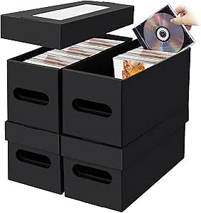 AOBOPLE CD Storage Boxes,4 Pack Cardboard CD Case Storage,CD Case Holder with Lid,Holds 30 CDs in Full Jewel Cases, 60 CDs in Slim Cases, and 165 Discs in CD Sleeves