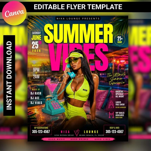 Summer Party Flyer, Pool Party Vibes, DIY Beach Event Template Design, Canva Editable