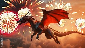Majestic dragon soars through explosive fireworks display. Creature's scales reflect vibrant colors against twilight sky. Powerful wings spread wide, embodying freedom and mythical strength.