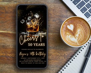 Male 50th Birthday Invitations, Digital Download, Whiskey Theme Cheers to 50 Years, Any Age Invite Editable Template Canva Text Evite 201 - Etsy