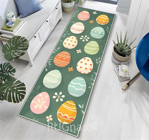 Easter Egg Runner Rug, Floral Egg Pattern, Green Kitchen Hallway Rug, Pastel Spring Decor, Long Narrow Floor Mat - Etsy