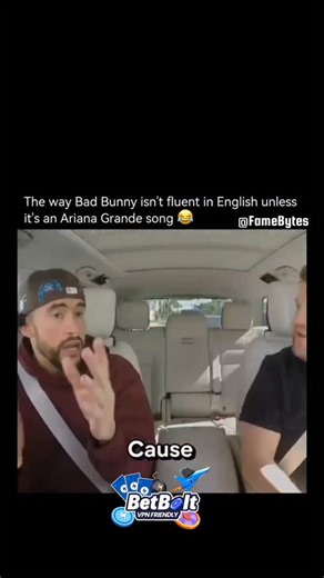 Fame Bytes on Instagram: "During his Carpool Karaoke with James Corden, Bad Bunny created one of the funniest and most surprising moments on the show. Although he admitted he isn’t fluent in English, when Ariana Grande’s “Break Free” played, he flawlessly sang every lyric, word for word, with confidence and energy. James Corden was visibly shocked, and the clip quickly became a viral favorite because it was both impressive and hilarious. This moment showed that while conversation in a foreign la