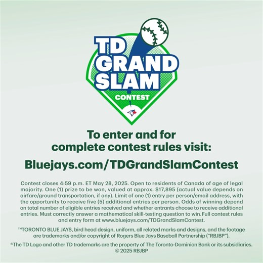 You could WIN a Blue Jays prize pack for 4, and a meet and greet with #4! Enter now at bluejays.com/TDGrandSlamContest | Toronto Blue Jays