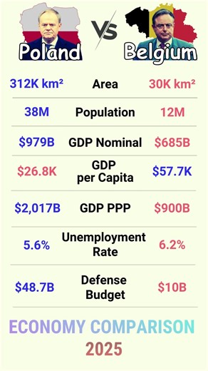 🇵🇱 Poland vs 🇧🇪 Belgium — Economy Comparison 2025 | GDP, GDP per Capita, Population, Military