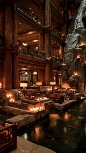 🏔️ Luxury Log Cabin with an Indoor Waterfall & Private Pool 😍 - Yes, this is real—and it’s next-level cabin goals! 🪵💦 Nestled between massive stone walls, this majestic lodge features a cascading indoor waterfall, cozy timber balconies, and a tranquil private pool. It’s giving natural wonder meets five-star retreat. #LuxuryLodge #CabinGoals #IndoorWaterfall | Courtney's World