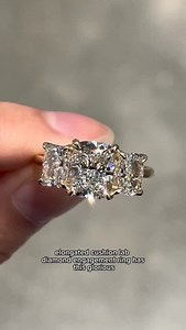 13 reactions | This three stone elongated cushion lab diamond engagement ring has this glorious almost like regal aura to it. There are no nuances here. It’s just confidently a strong visual statement. Three-stone rings represent the past, present, and future, and these three cushions totally embody that. It’s giving off strong, stable, and consistency. | Engage Studio | Facebook