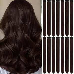 Colored Hair Extensions 14 PCS, 20 In Dream Rainbow Clip in Hair Extensions Party Highlights, Colorful Long Straight Synthetic Hairpieces for Girls Women Kids Gift(Brown)
