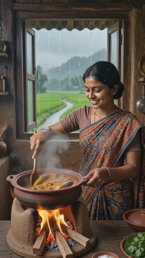 Fresh Fish Curry on a Rainy Day 🐟🌧️ | Cozy Village Life | 3D 4K Cinematic Cooking | Relaxing ASMR