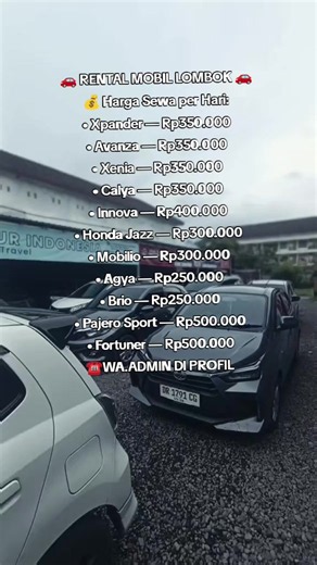 🚗✨ RENTAL MOBIL LOMBOK ✨🚗 Liburan ke Lombok jadi lebih nyaman dan bebas kemana saja! 🌴🏝️ Nikmati perjalanan tanpa ribet dengan layanan sewa mobil terpercaya. ✅ Mobil bersih & nyaman ✅ Pilihan banyak (Avanza, Xpander, Innova, dan lainnya) ✅ Bisa lepas kunci / dengan driver ✅ Harga terjangkau ✅ Siap antar jemput area Lombok Jelajahi keindahan Lombok dengan perjalanan yang aman dan menyenangkan 🚘💨 📲 Booking sekarang & amankan kendaraanmu! #RentalMobilLombok #SewaMobilLombok #LiburanLombok #E