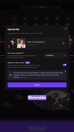 Riverside.fm on Instagram: "New! Upload a recording to Riverside and we’ll separate it into individual audio AND video tracks per speaker so you can easily edit with full multi-track control. #riverside #podcast"
