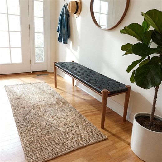 Solid Teak & Black Leather Bench for Entryway, End of Bed, Japandi Furniture - Etsy