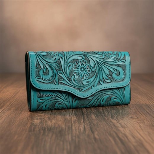 Turquoise Tooled Leather Wallet – Hand Carved Floral Western Clutch Wallet for Women - Etsy