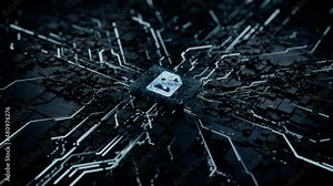 Image Technology Concept with picture symbol on a Microchip. White Neon Data flows from the CPU across a Futuristic Motherboard. Seamless Loop.