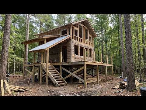 Building a Simple Two-Story Wooden House Alone in the Forest
