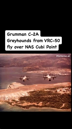 Grumman C-2A Greyhounds from VRC-50 fly over NAS Cubi Point with Olongapo City in the background.Undated (An AI-generated video of Don Jordan’s photo) | TAGA GAPO KA BA? Olongapo and Subic Bay Memories