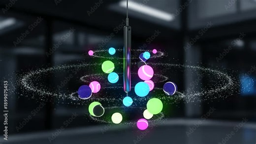 Abstract kinetic sculpture with glowing colorful spheres in motion.