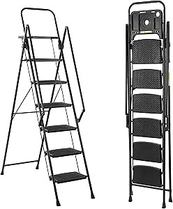 Step Ladders 6 Step Folding, Folding Step Ladder with Tool Tray & Handle, Step Stool Ladder with Rubber Feet Capacity 500lbs, Tall Ladders for Home High Ceilings (Black, 6 Tier Iron with Tray)