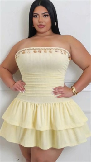 Plus Size Yellow Strapless Shell Trim Tiered Ruffle Mini Dress | Curvy Beach Glam Look 🌊💛